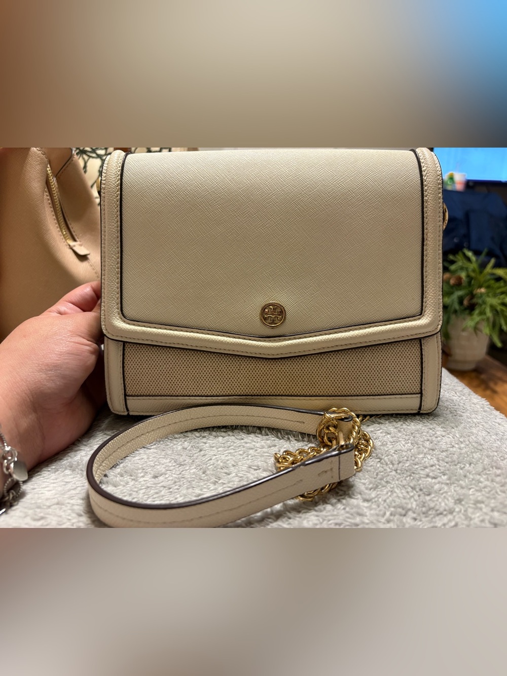 Tory Burch Cream Leather Crossbody with Gold Chain